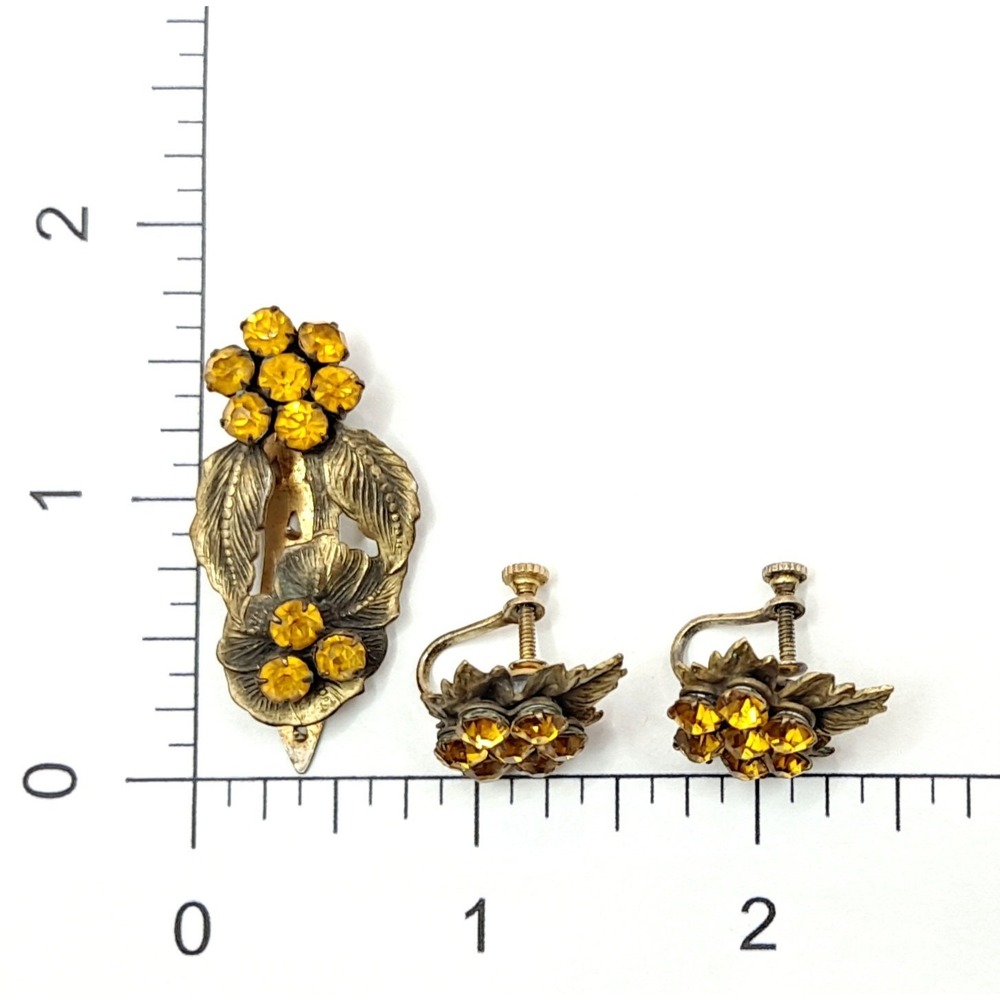 Vintage Art Deco Floral Dress Clip and Screwback Earrings Set Orange Rhinestones - Picture 8 of 8
